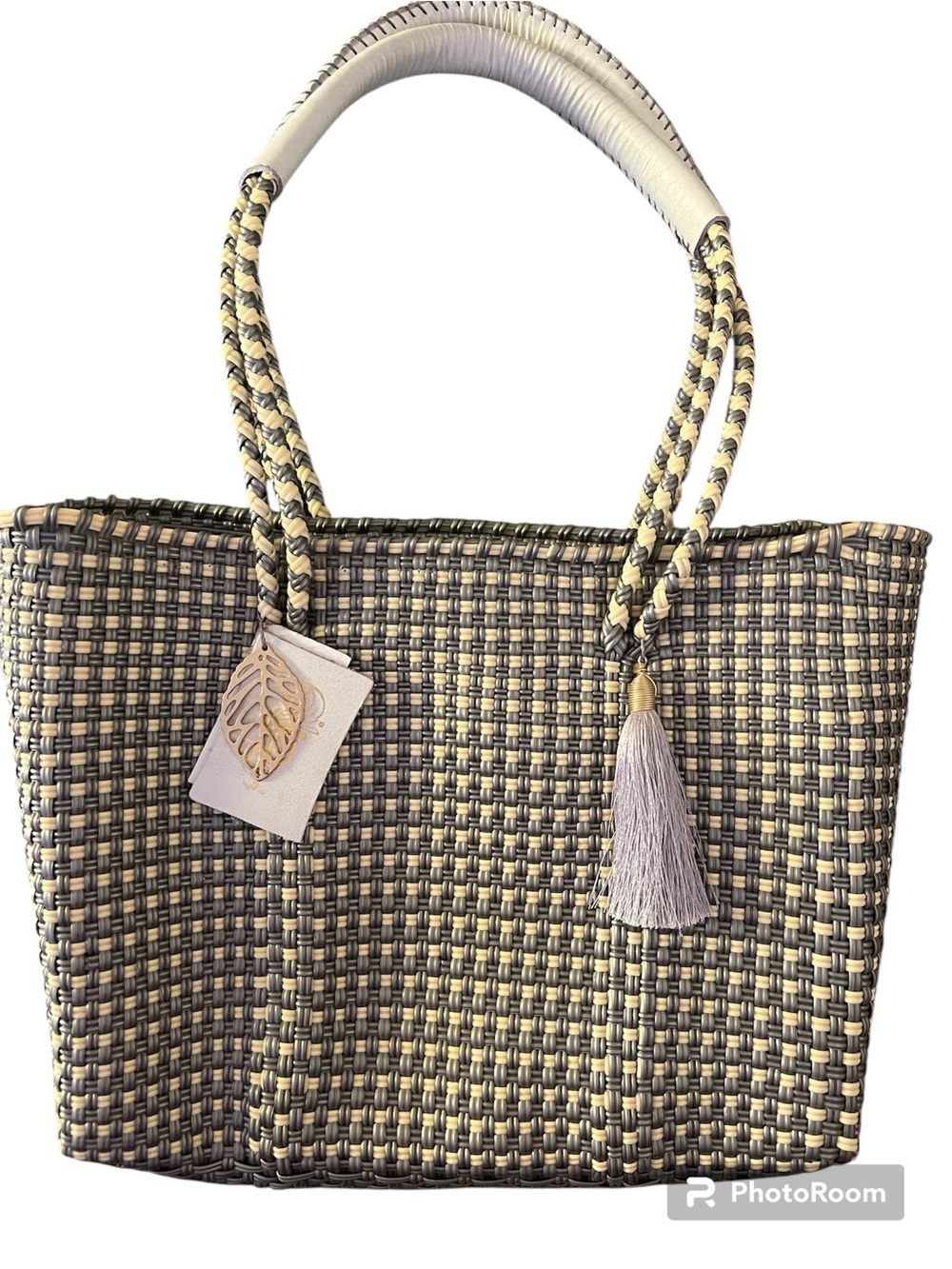 Woven Mini Tote Bag in Beige and Gray with Tassel